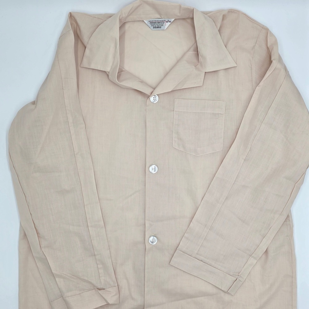 Sears Perma Prest Mens Pajama‎ Top Shirt Button Up Beige Size L